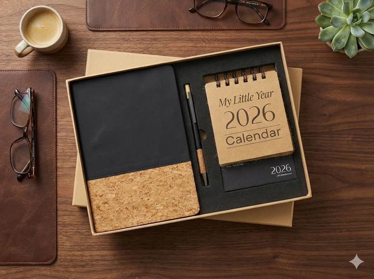 Cork Metal Pen – Sleek, durable, and crafted with a natural cork finish. Cork Diary – Stylish and sustainable, ideal for notes, journaling, and planning. Eco-Friendly Desktop Calendar – A minimal and reusable addition to your workspace.